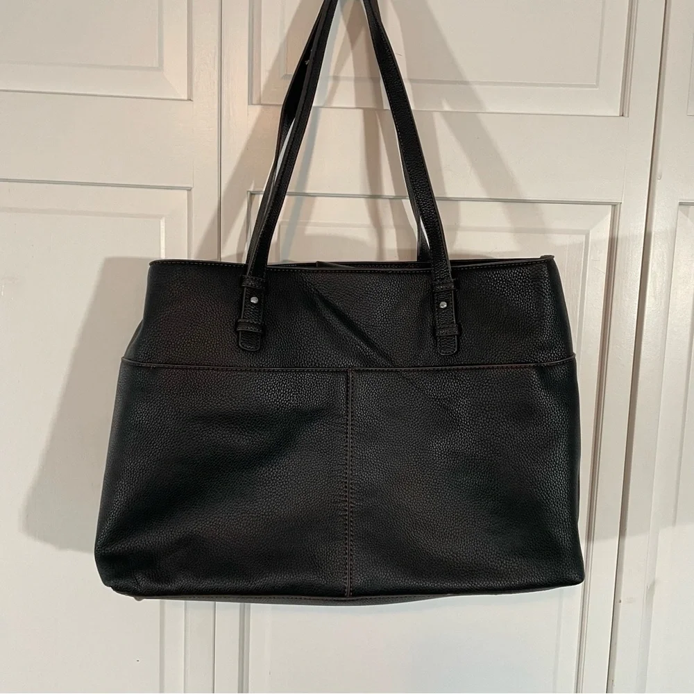 Liz Claiborne Black Faux Leather Shoulder Bag Laptop Office Work Large Tote